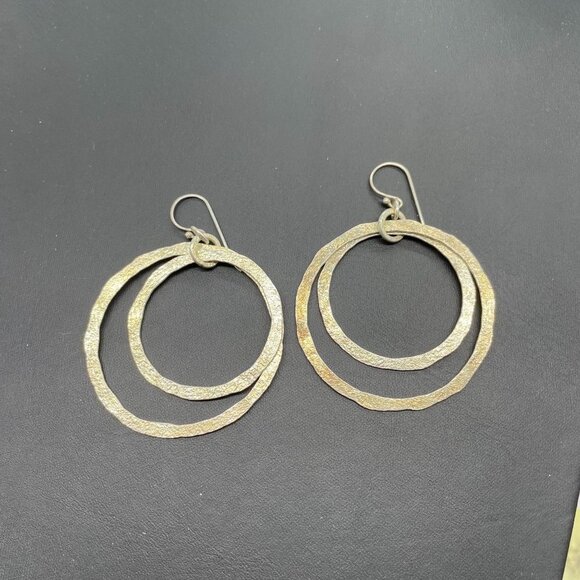 Double Circle Textured Hoop Dangle Drop Earrings Hook Closure Silver Tone - Picture 2 of 4